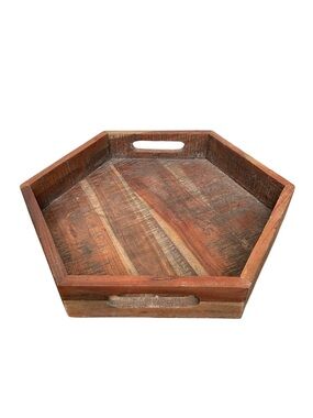Rustic Acacia Wood Hexagon Serving Tray with Handles - Decorative Ottoman Tray